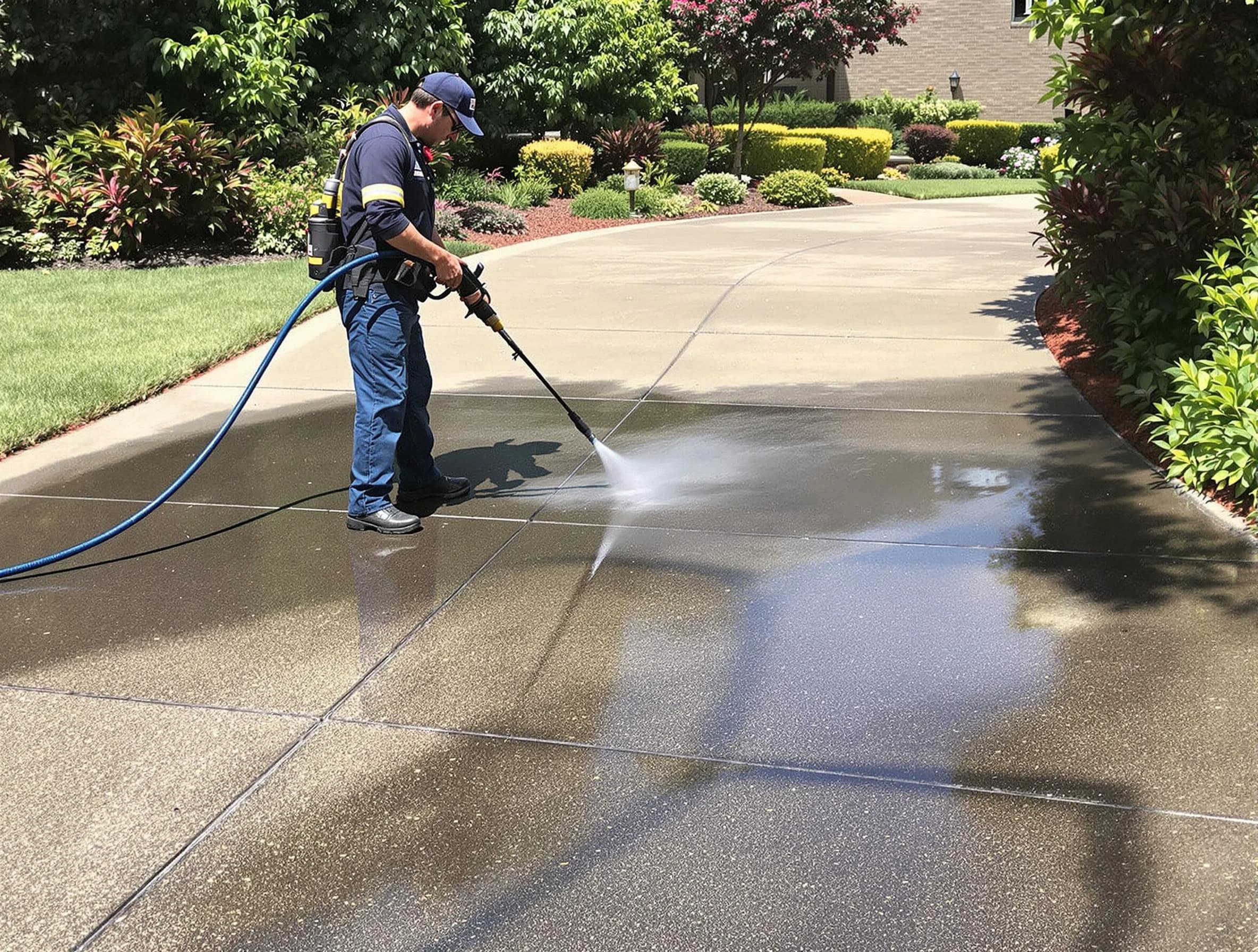 Experienced Willoughby Power Washing team member pressure washing a driveway in Willoughby