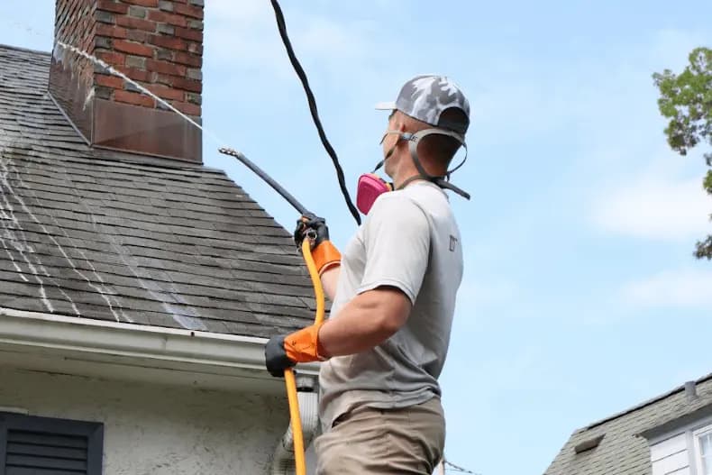 Willoughby Power Washing professional performing gentle roof washing service in Willoughby